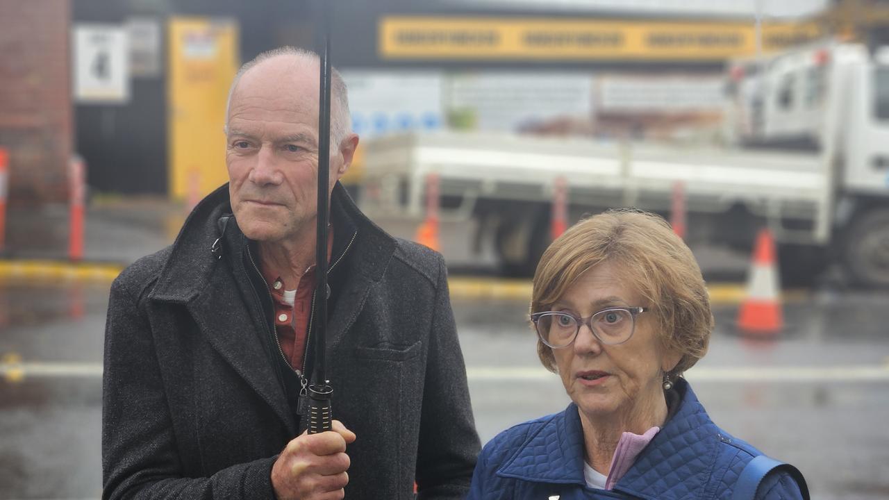 Save UTAS Co-Chairs Mike Foster and Angela Bird speak to the media in Hobart in July.