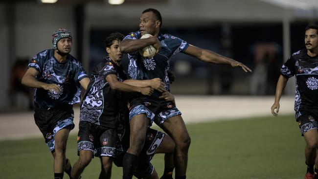 Suliasi Tavodi jumps in a tackle playing for the Territory All Stars in the 2023 Deadly Cup Carnival men’s match. Picture: Pema Tamang Pakhrin