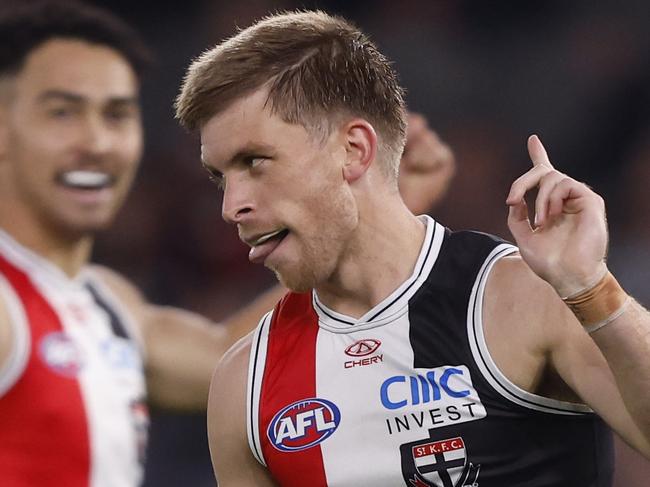 MELBOURNE, AUSTRALIA - MAY 04:  Sebastian Ross of the Saints celebrates a goal during the round eight AFL match between St Kilda Saints and North Melbourne Kangaroos at Marvel Stadium, on May 04, 2024, in Melbourne, Australia. (Photo by Darrian Traynor/Getty Images)