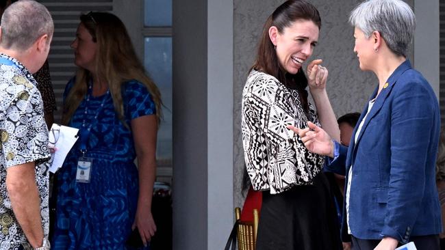 Jacinda Ardern speaks to Penny Wong at the Pacific Islands Forum. Picture: AFP.