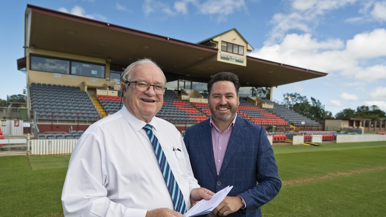 Western Mustangs Rugby League Football Club chairman Frank Martin (left) and director Michael Burns talk about plans to enter the Toowoomba-based team in the Intrust Super Cup in 2021. Picture: Kevin Farmer