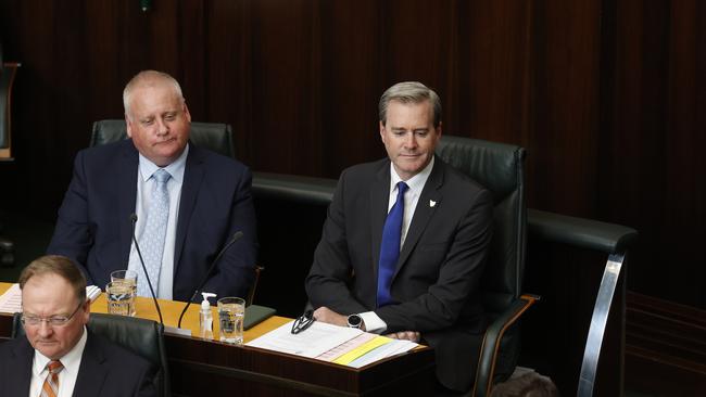 Liberal member for Bass Rob Fairs with former deputy premier Michael Ferguson. Return to the House of Assembly question time. Picture: Nikki Davis-Jones