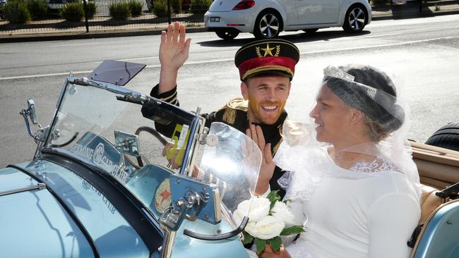 Joel Selwood and Quinton Narkle arrives at Cats Whacky Wednesday. Picture: Alison Wynd