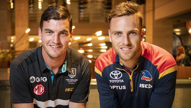 Tom Rockliff, left, and Brodie Smith at The Advertiser’s season launch. Picture: MIKE BURTON/AAP