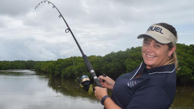 Incumbent Mackay Regional Council councillor Alison Jones casts a line at McCready's Creek boat ramp in Andergrove.