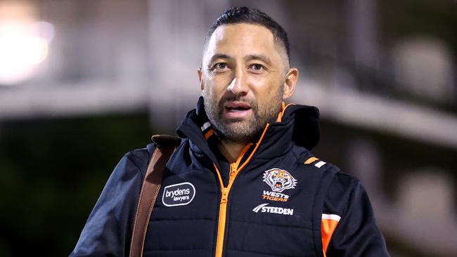 WOLLONGONG, AUSTRALIA - JULY 20: Assistant Coach of the Tigers Benji Marshall arrives prior to the round 21 NRL match between St George Illawarra Dragons and Wests Tigers at WIN Stadium on July 20, 2023 in Wollongong, Australia. (Photo by Jeremy Ng/Getty Images)