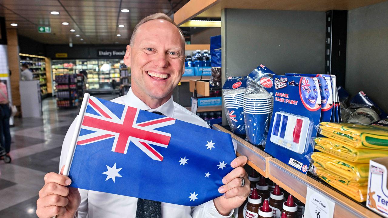 Drakes Supermarket boss John-Paul Drake with an Australia Day flag in his Wayville store in Adelaide after capitalising on Woolworths’ PC disaster. Picture: Brenton Edwards