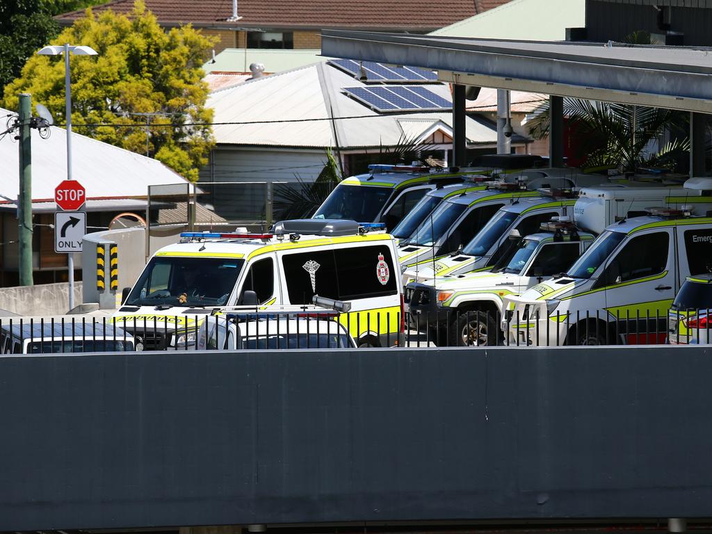 Ambulances at the Princess Alexandra Hospital in Woolloongabba, Brisbane, which has been placed into lockdown ‘effective immediately’. Picture: David Clark