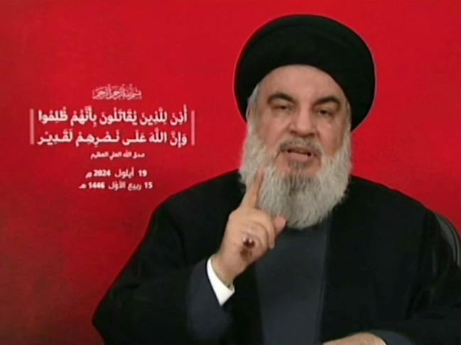 Hezbollah chief Hassan Nasrallah addresses the nation after Israel’s attack. Picture: AFP