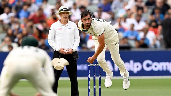 Australian bowler Mitchell Starc sends down a delivery on the first day of the second Test against India at the Adelaide Oval. Picture: AFP