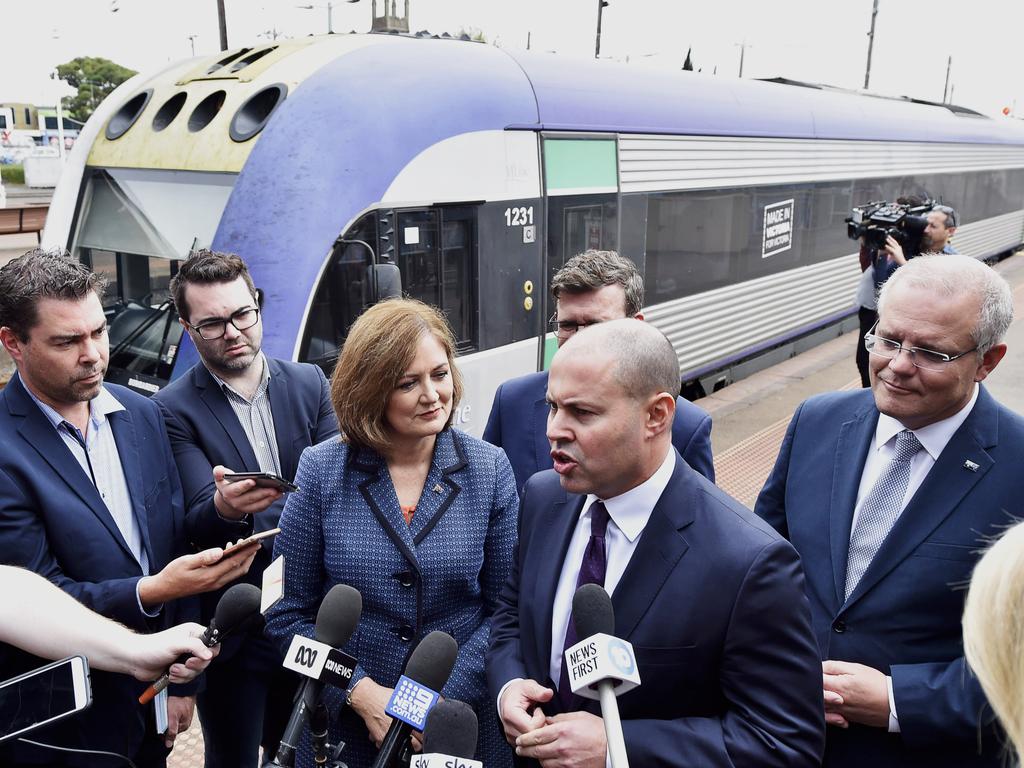 Scott Morrison was at Geelong Train Station last month to promise funding for a fast rail between the city and Melbourne, which was confirmed in the Budget. Picture: Alan Barber