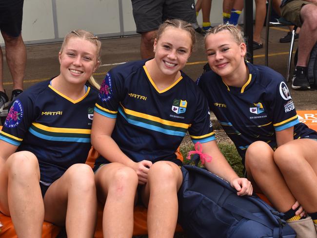 South Queensland under-18 girls players Pypah Ferguson, Ruby Power and Amie D'Espagnac at the Queensland Country Rugby Championships in Rockhampton on June 29, 2024.