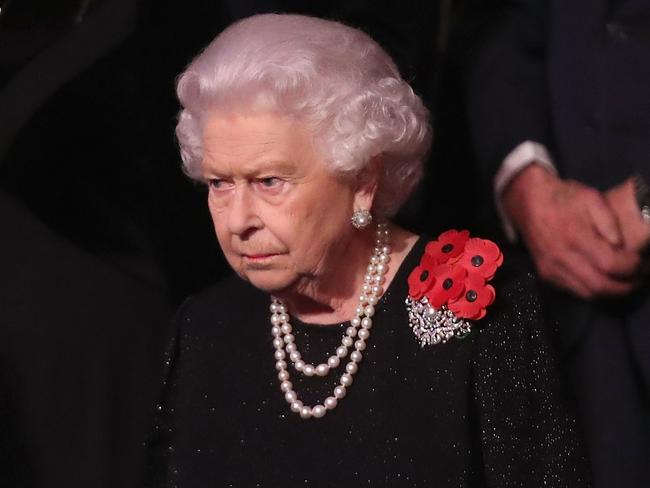 Queen Elizabeth II wore a number of poppies on her black, sparkly outfit. Picture: Chris Jackson/Getty Images