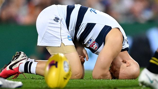 Gary Ablett is injured during the opening minutes. Picture: Getty