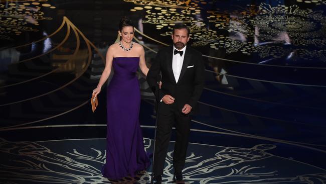 Tina Fey and Steve Carell present at the 88th Oscars.