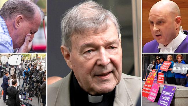 George Pell (centre) has been sentenced to six years' jail on child sex abuse offences. Judge Peter Kidd (top right) handed down the sentence today as a victim of sex abuse (top left), media (bottom left) and victim support group members (bottom right) watched on from outside the court.