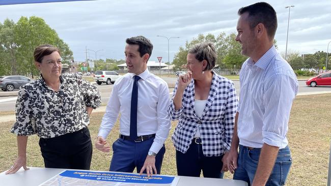 LNP candidate for Thuringowa, Leader of the Opposition David Crisafulli, candidate for Mundingburra Janelle Poole and candidate for Townsville Adam Baillie at the Angus Smith Drive roundabout.