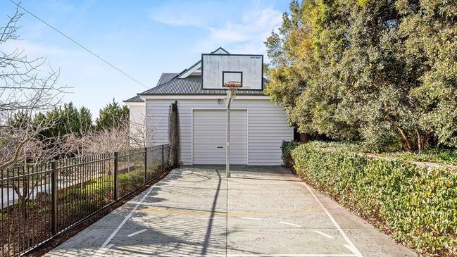 The half-basketball court is surrounded by greenery.