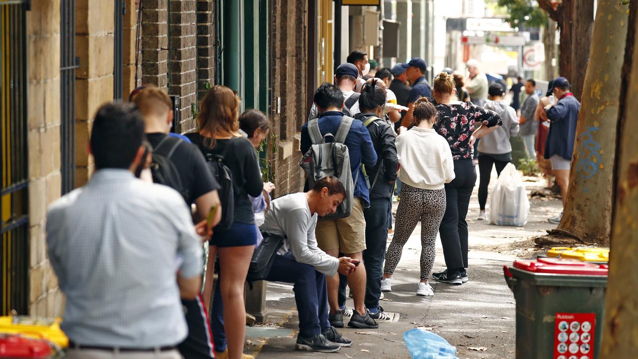 Suddenly unemployed Australians lined up outside Centrelink sites across the country last month. Picture: Sam Ruttyn