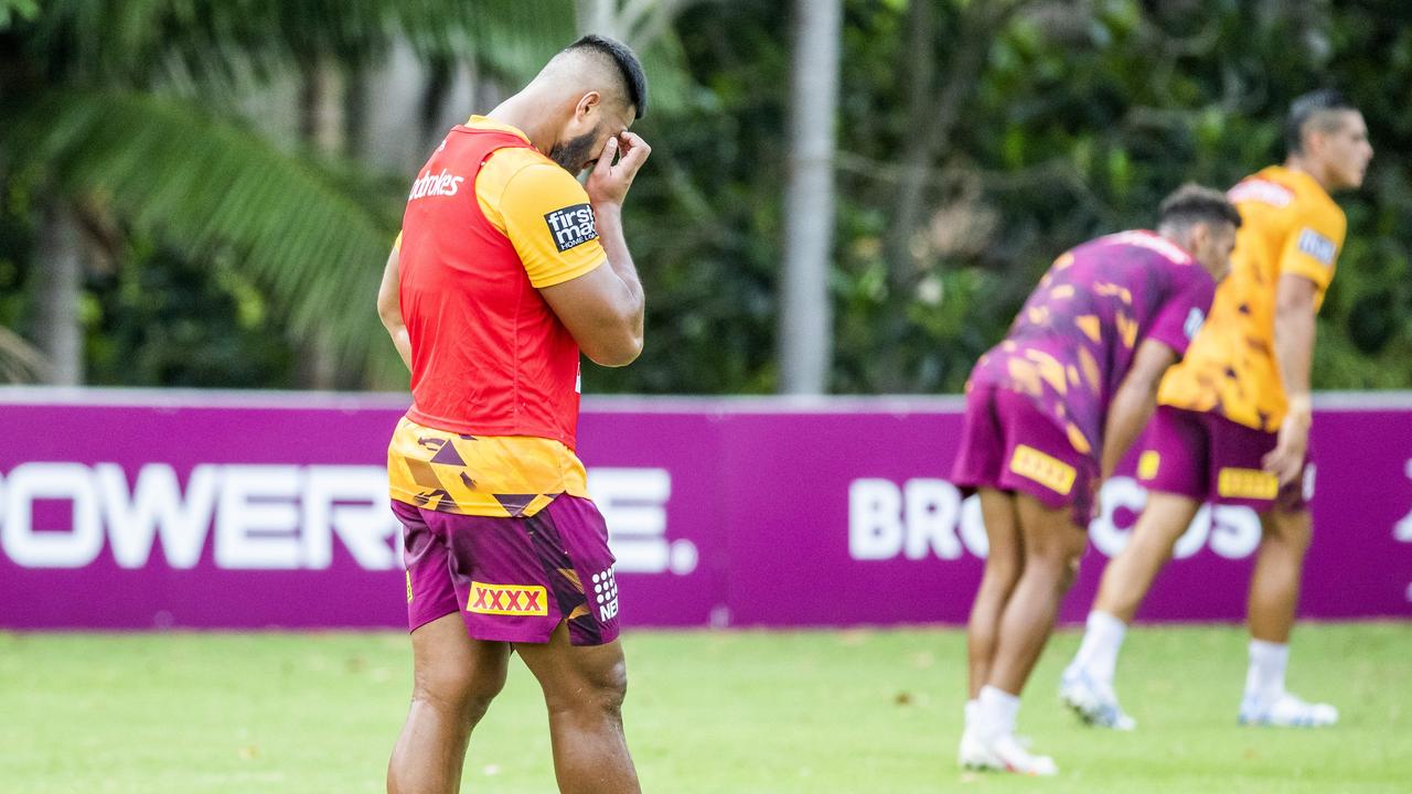 Payne Haas at Brisbane Broncos training. He has been fined $50,000. Picture: Richard Walker