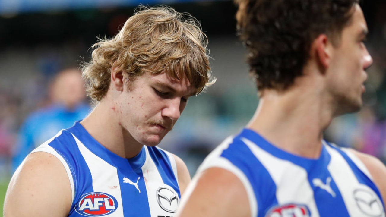 MELBOURNE, AUSTRALIA - JUNE 12: Jason Horne-Francis of the Kangaroos looks dejected after a loss during the 2022 AFL Round 13 match between the North Melbourne Kangaroos and the GWS Giants at Marvel Stadium on June 12, 2022 in Melbourne, Australia. (Photo by Michael Willson/AFL Photos via Getty Images)