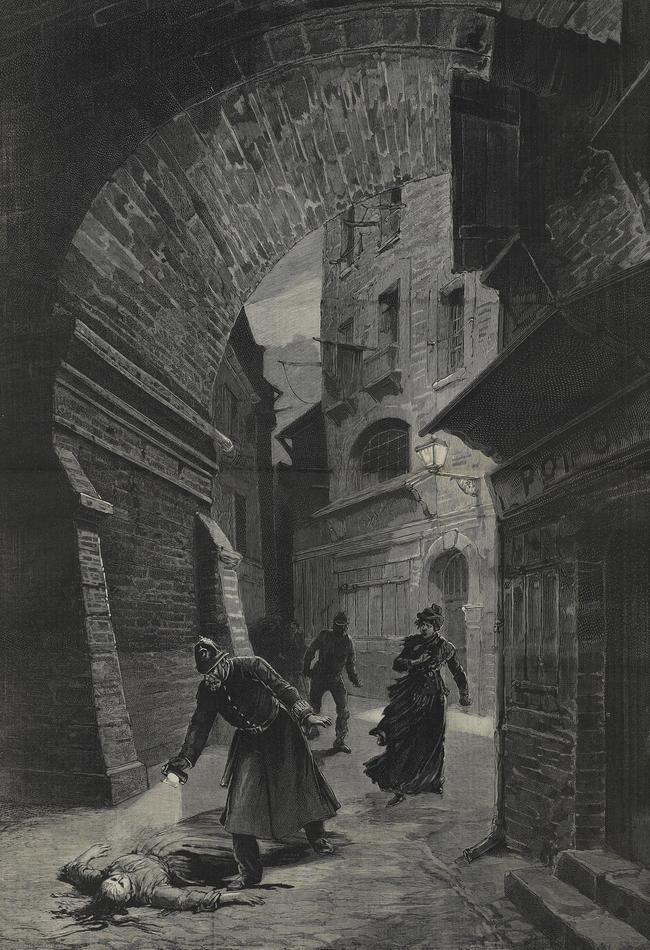 An etching from Le Journal Illustre on February 13, 1891, depicting the Jack the Ripper murders in Whitechapel.