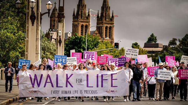 Anti-abortion protesters gathered in Adelaide on Saturday to protest against the Termination of Pregnancy bill, currently before SA Parliament. Picture: Mike Burton