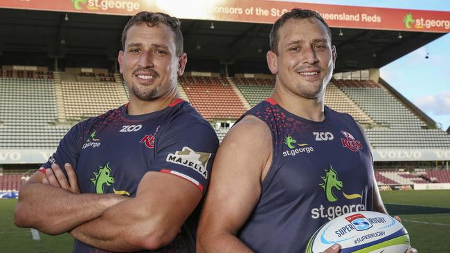 Supplied image of QLD Reds twins and fellow props JP (left) and Ruan Smith. Photo: Brendan Hertel, QRU