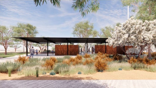 An architectural render of the amenities shade area.