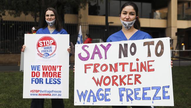 NSW nurses protesting outside state parliament in Sydney on Tuesday. Picture: Dylan Robinson