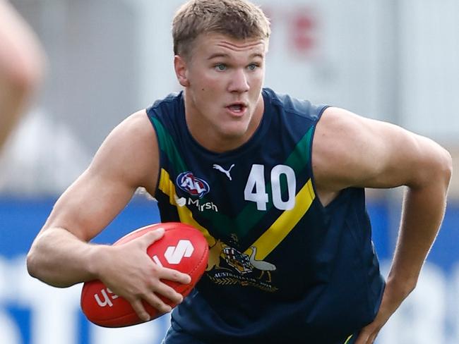 MELBOURNE, AUSTRALIA - APRIL 27: Tyler Welsh of the AFL Academy in action during the 2024 AFL Academy match between the Marsh AFL National Academy Boys and Footscray Bulldogs at Whitten Oval on April 27, 2024 in Melbourne, Australia. (Photo by Michael Willson/AFL Photos via Getty Images)