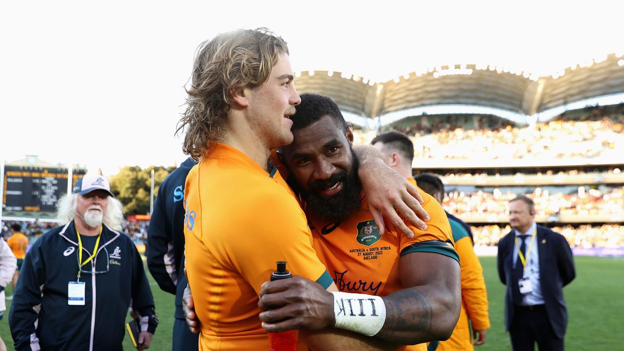 ADELAIDE, AUSTRALIA - AUGUST 27: Fraser McReight of the Wallabies and Marika Koroibete of the Wallabies celebrate winning The Rugby Championship match between the Australian Wallabies and the South African Springboks at Adelaide Oval on August 27, 2022 in Adelaide, Australia. (Photo by Cameron Spencer/Getty Images)