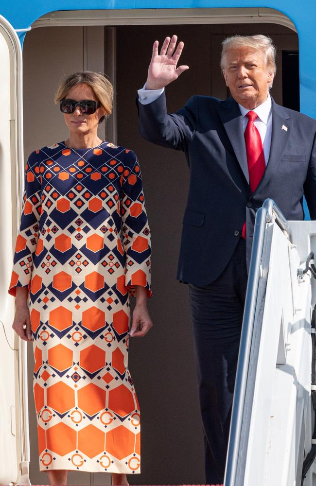 Outgoing First Lady Melania Trump exited Air Force One at the Palm Beach International Airport in a new outfit that some have savagely mocked online. Picture: Noam Galai/Getty Images