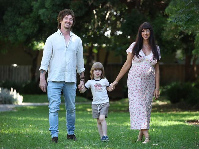 Stephanie Zeccola and partner James Loftus with five-year-old son Finlay. Stephanie is pregnant with a little girl due in March. Picture: David Caird