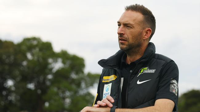 SYDNEY, AUSTRALIA - NOVEMBER 27: General Manager of Sydney Thunder and former Australian fast bowler Trent Copeland looks on during the WBBL Knockout match between Sydney Thunder and Hobart Hurricanes at Drummoyne Oval on November 27, 2024, in Sydney, Australia. (Photo by Jeremy Ng/Getty Images)