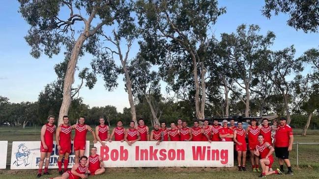 22 tired bodies gathered around the famous Bob Inkson wing with the side coming together like a family during the early stages of this 2023 campaign. Picture: Eastern Swans