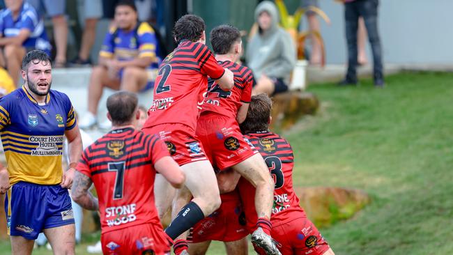 Byron Bay celebrate Michael Thomas’ try in the team’s win over Mullumbimby. Picture: DC Sports Photography