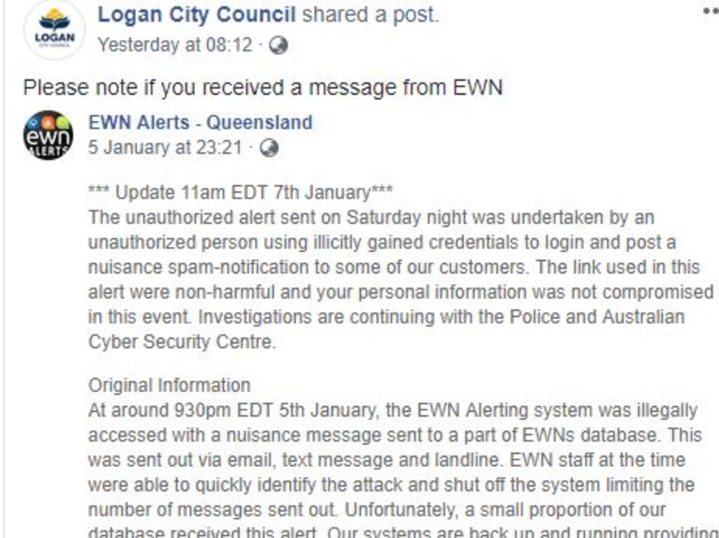 Logan City Council’s post on Facebook warning residents that the messages were part of a hacking attack on the EWN.