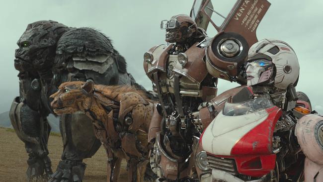 Optimus Primal, Cheetor, Wheeljack and Arcee in Transformers: Rise of the Beasts.