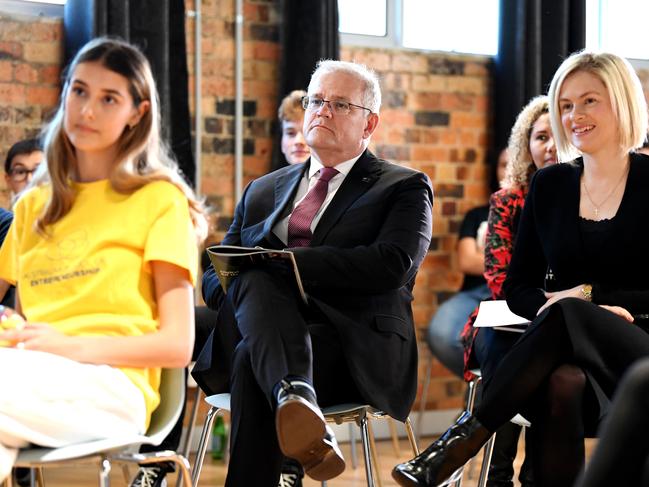 Prime Minister Scott Morrison and Queensland Senator Amanda Stoker attend a Women Enterprising event at River City Labs in Brisbane. Picture: NCA NewsWire / Dan Peled