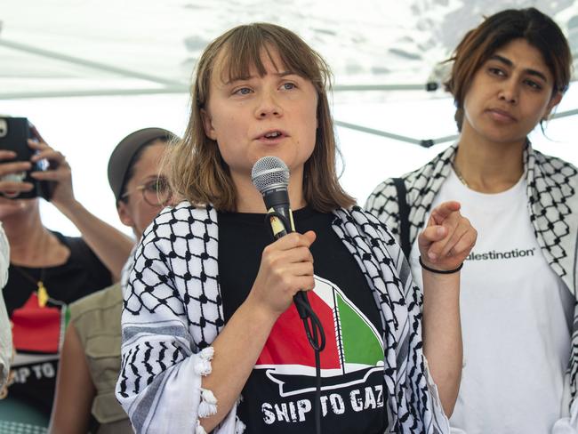 Climate activist Greta Thunberg with other activists from a human rights organisation in Catania, Italy ahead of the trip to Gaza. Picture: AP