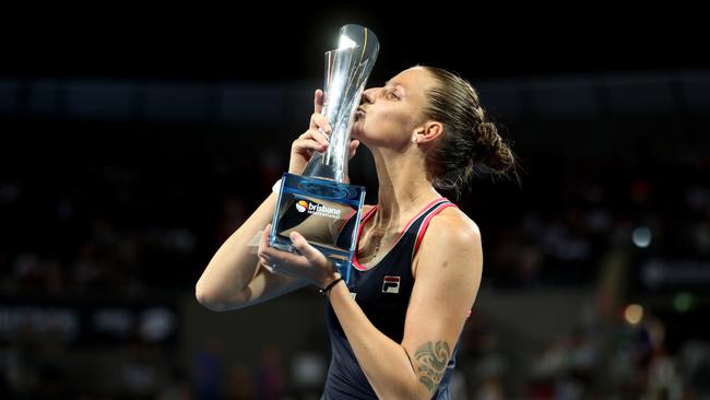 Karolina Pliskova with the Brisbane International trophy after downing Lesia Tsurenko in 2019’s women’s final. Picture: Chris Hyde/Getty Images