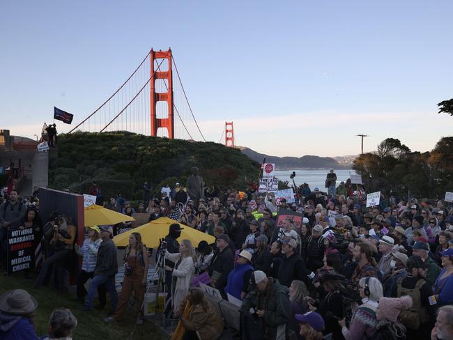 Protesters gather during an anti-vaccination rally at the Golden Gate Bridge. Picture: Getty Images/AFP