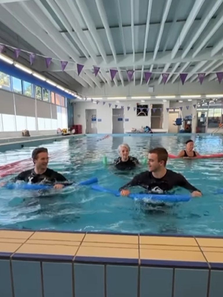 The Adelaide blokes trying water aerobics. Picture: Instagram @betheonebt1
