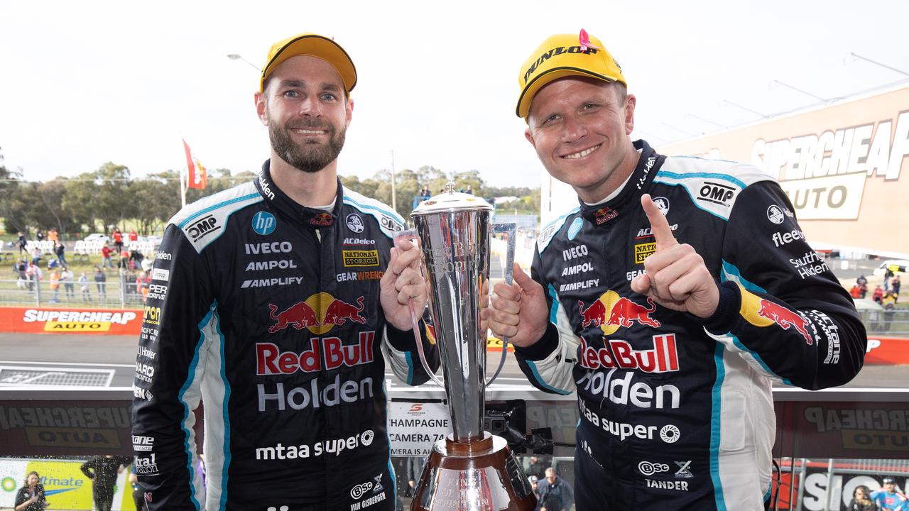 #97 Red Bull Holden Racing Team Holden Commodore ZB's Shane van Gisbergen and Garth Tander celebrate winning the 2020 Bathurst 1000. Photo: Getty Images