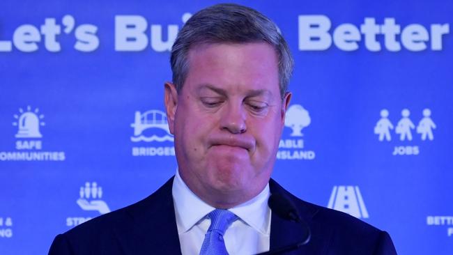 Tim Nicholls speaks at the LNP Election function on election night. Picture: AAP/Tracey Nearmy