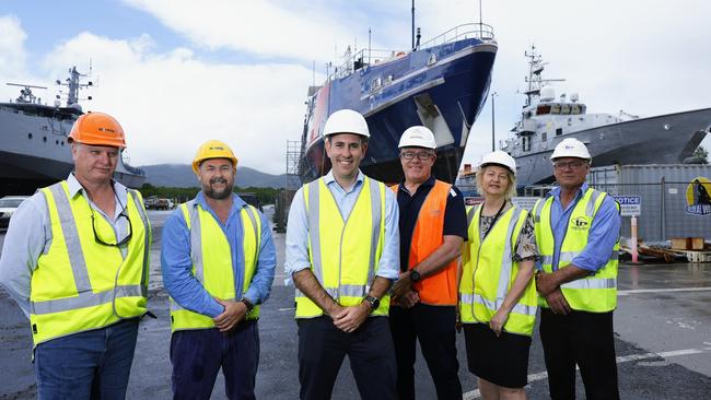 Federal Treasurer Jim Chalmers has visited the Cairns Marine Precinct, to promote the $360 million expansion to the industry, equally funded by the federal and state governments. Norship ISS manager Steve Howarth, Norship defence operations manager Stuart Hodgson, Treasurer Jim Chalmers, Austral General Manager for Queensland Phil Growden, Gillian Shaw of Norstar and Tropical Reef Shipyard general manager Robert Downing inspect two Australian Border Force ships currently undergoing maintainence at the Marine Precinct. Picture: Brendan Radke