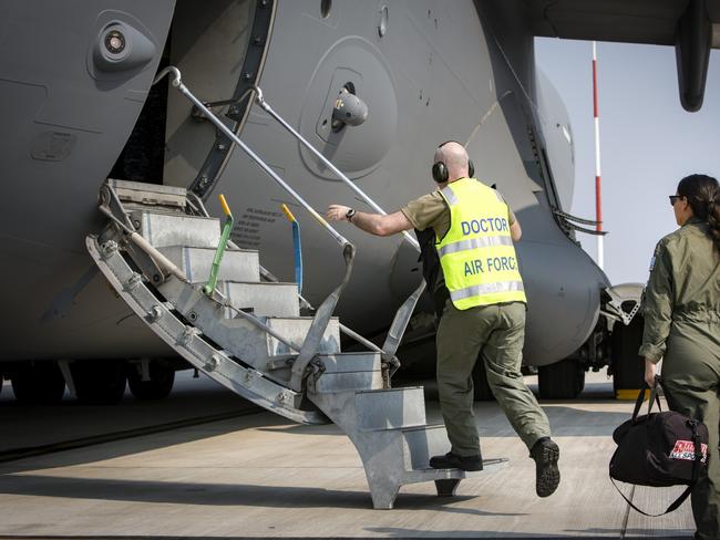 Royal Australian Air Force medical officers boards C-17A Globemaster at RAAF Amberley. Picture: ADF