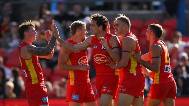 Ben King of the Suns celebrates kicking a goal . (Photo by Matt Roberts/AFL Photos/via Getty Images)