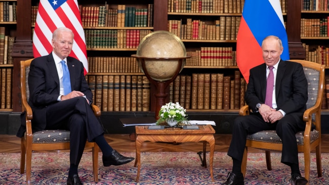 Russian President Vladimir Putin, seen here at the recent summit between the Russian leader and US President Joe Biden, has said the United States is a diminishing global power. Picture: Getty
